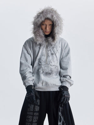 Half Zip Graphic Hoodie with Faux Fur Hood – Heather grey, on model, front | XoKool
