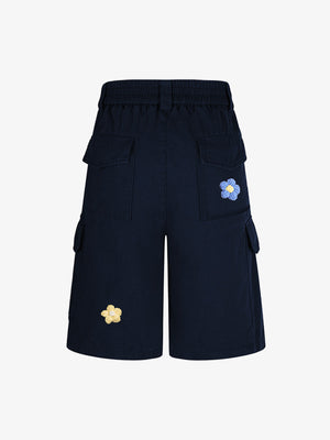 Cargo Shorts with Crochet Flower Appliques – Navy, back flat | XoKool