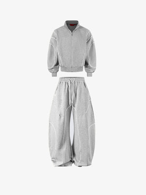 Heather Grey Barrel Sweatpants with White Piping – set with jacket, flat | XoKool