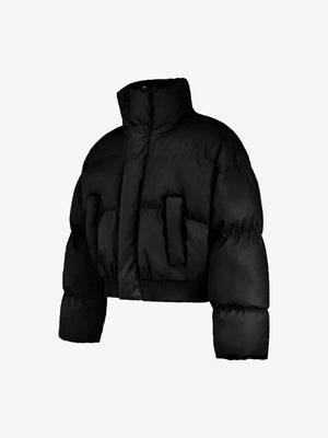 Short puffer jacket – Black, angled front view | XoKool