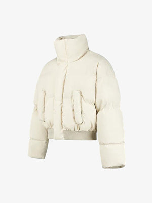 High Neck Short Puffer Jacket – Cream, angled front view | XoKool