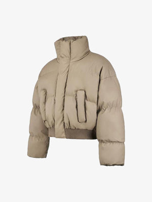 High Neck Short Puffer Jacket – Khaki, angled front view | XoKool