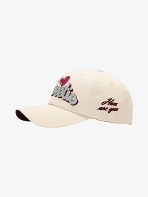 Heart Embroidered Baseball Cap with Script Lettering – Cream, side view | XoKool