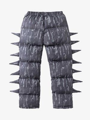 Denim Print Puffer Pants with Spike Details – Black, front view flat | XoKool