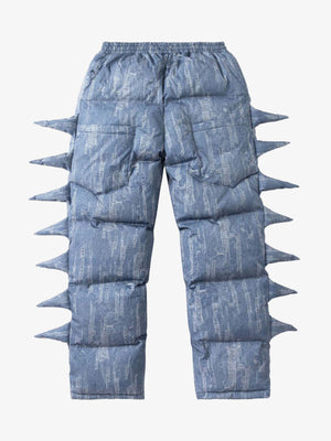 Denim Print Puffer Pants with Spike Details – Blue, back view flat | XoKool