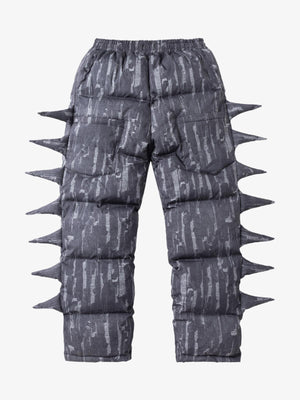 Denim Print Puffer Pants with Spike Details – Black, back view flat | XoKool