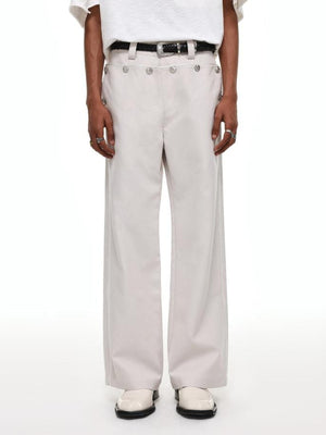 High Waisted Button Front Sailor Pants – Off-white, on model front | XoKool