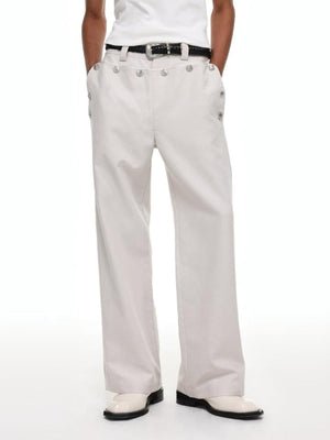 High Waisted Button Front Sailor Pants – Off-white, on model front | XoKool