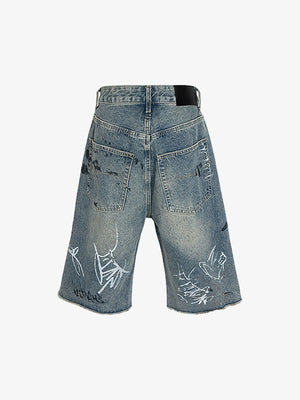 Ripped Graffiti Capri Jorts in Mid Blue – back flat, graffiti | XoKool