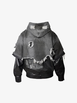 Kunstlederjacke mit Kapuze und Distressed Denim Layer – Schwarz/Grau, Rückseite | XoKool