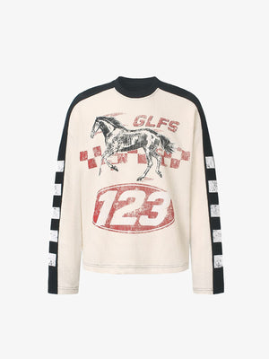 Horse Racing Long Sleeve Tee with Checkered Sleeves – front, flat | XoKool