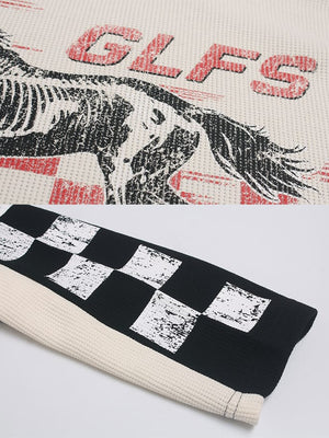 Horse Racing Long Sleeve Tee – print and checkered sleeve close-up | XoKool