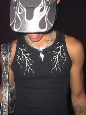 Iced Cuban Chain with Lightning Bolt Pendant – on model, silver, street | XoKool