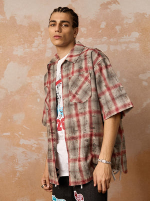 Distressed Patch Plaid Short-Sleeve Shirt - thumbnail 4