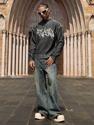 Graffiti jacquard sweater – on model, full body | XoKool