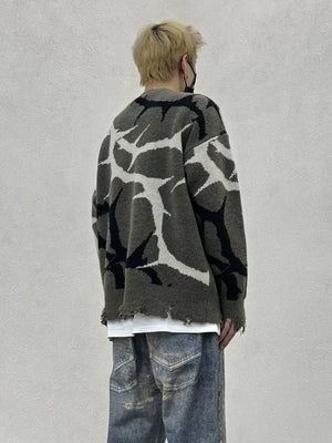 Ripped Thorn Jacquard Knit Sweater – Grey, on model back | XoKool