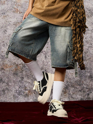 Denim cargo shorts – on model, kicking (legs) | XoKool