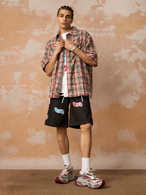Distressed Patch Plaid Short-Sleeve Shirt - thumbnail 6