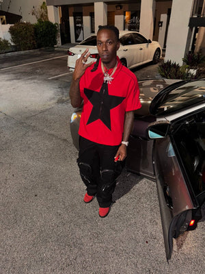 Star zip up shirt – Red, on model, street at night | XoKool