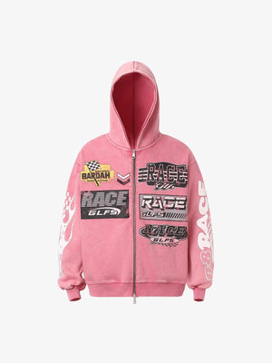 Washed Pink Racing Zip Hoodie – Pink, Vorderansicht | XoKool