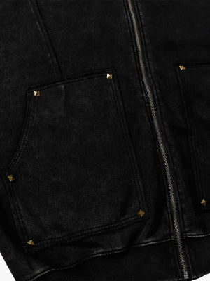 Street Washed Distressed Stitching Rivet Hooded Jacket - thumbnail 12