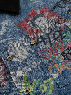 Graffiti denim shirt – portrait + pocket close-up | XoKool