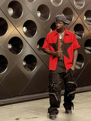 Star zip up shirt – Red, on model, full body | XoKool