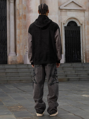 Raw edge patch jeans – on model, back | XoKool