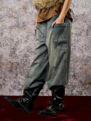 Drawstring Elastic Waist Barrel Jeans – on model, pocket close | XoKool
