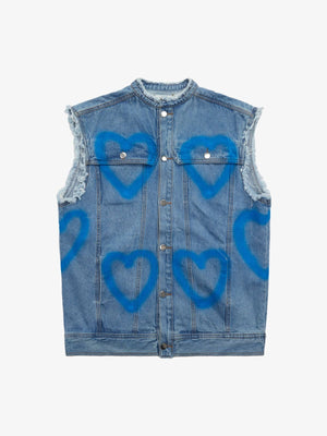Spray Paint Heart Denim Vest – Blue, front flat | XoKool