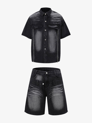 Distressed Washed Workwear Denim Shirt And Jorts Set - thumbnail 12