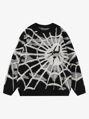 Spider Web Jacquard Knit Sweater – Black, front view | XoKool