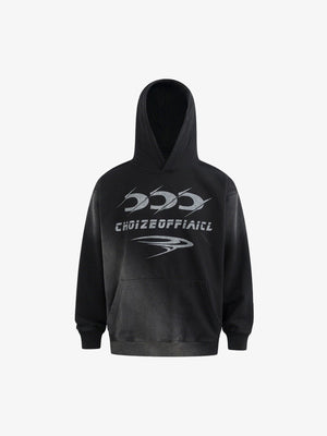 Washed Oversized Hoodie mit Halbmond-Print – Washed Schwarz, Vorderansicht | XoKool