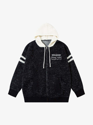 Flauschiger Strick Zip Hoodie mit Angel Wings – Schwarz, Vorderansicht | XoKool