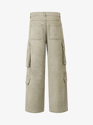 Washed Multi Pocket Cargo Pants with Split Hem – Khaki, back flat lay | XoKool