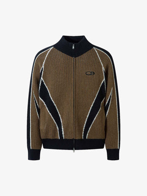 Retro Color Block Zip Strickjacke – Braun, Vorderansicht | XoKool