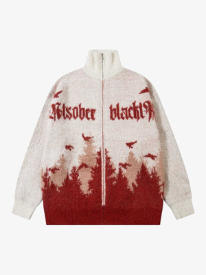 Fuzzy Forest and Bird Strick Zip Pullover – Creme Rot, Vorderansicht | XoKool