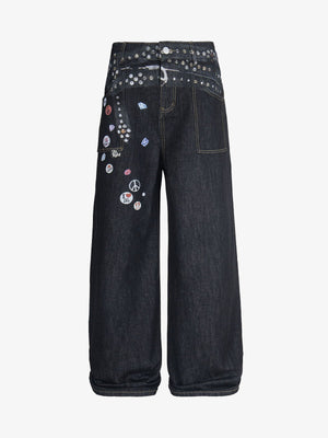 Wide Leg Graphic Jeans with Printed Belt Design – Dark, front | XoKool