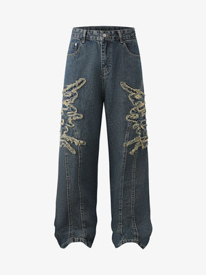 Raw Edge Patchwork Baggy Jeans – Vintage Blue, front view | XoKool