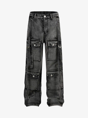 Straight Leg Cargo Jeans with Buckle Straps – Washed Grey, front view | XoKool