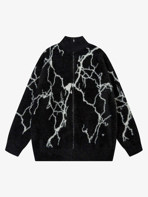 Fuzzy Lightning Jacquard Zip Up Sweater – Black, front view | XoKool