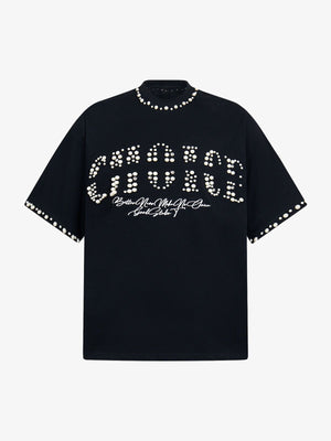 Oversized T-Shirt mit Perlen- und Strass-Schriftzug – Schwarz, Vorderansicht | XoKool
