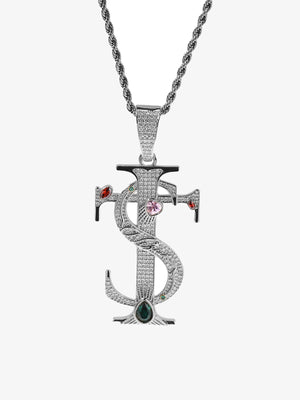 Iced Dollarzeichen Kreuz Anhänger Halskette – Silber, an Seilkette | XoKool