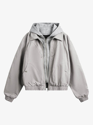 Cropped Hooded Bomber Jacket with Layered Look – Light Grey, front flat | XoKool