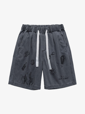 Doodle Graphic Shorts with Drawstring Waist – Dark Grey, front view | XoKool