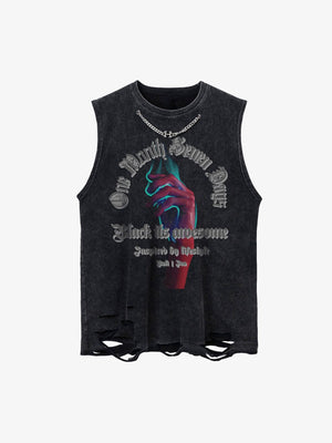 Camiseta sin mangas gráfica acid wash con collar de cadena – Negro lavado, vista frontal plana | XoKool