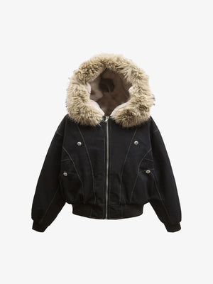 Faux Fur Lined Zip Up Hooded Bomber Jacket - thumbnail 1