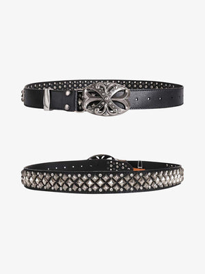 Pyramid Studded Belt with Big Oval Buckle – Black, flat view front and back | XoKool
