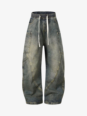 Drawstring Elastic Waist Barrel Jeans – Vintage Blue, front view | XoKool