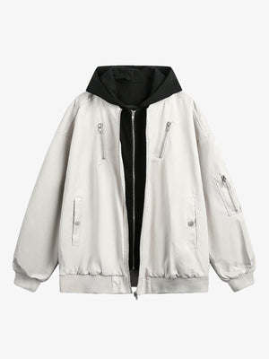Layered Hooded Bomber Jacket with Zip Pockets – Light Grey, front view | XoKool